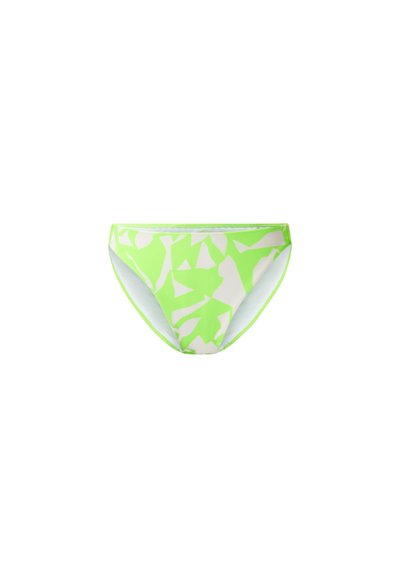 Zelené a bílé geometrické vzorované bikiny s nízkým střihem a hladkým povrchem. Obsahuje úzký pas a kontrastní lem.