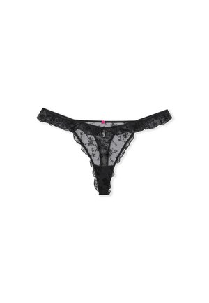 Tanga de encaje negro con bordados florales, bordes festoneados y acentos en rosa. Tejido semitransparente con un diseño de cobertura mínima.