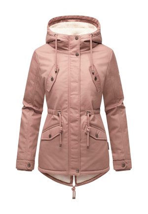 Roze geïsoleerde jas met een met bont gevoerde capuchon, voorzakken, verstelbare taille en een trekkoord onderaan; gladde stof met een strakke uitstraling.