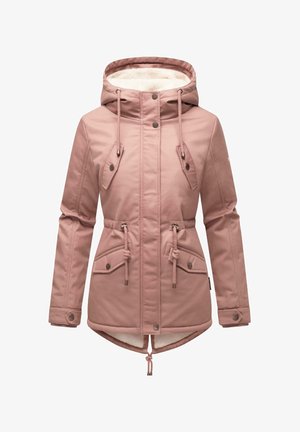 Chaqueta acolchada rosa con capucha forrada de piel, bolsillos frontales, cintura ajustable y dobladillo con cordón; tejido suave con un diseño elegante.