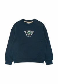 Felpa blu navy con maniche lunghe, scollo rotondo e polsini a coste. Presenta il testo "WINNER" e grafiche in ricamo bianco e verde.