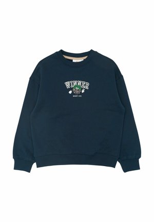 Marineblauwe sweatshirt met lange mouwen, ronde hals en geribde manchetten. Bevat de tekst "WINNAAR" en graphics in witte en groene borduursel.