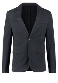 Męska ciemnoszara marynarka jednorzędowa z klapami i przednimi kieszeniami z łapkami.