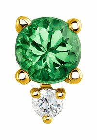 Pendiente de gema verde con un diseño redondo y facetado, montado en oro. Presenta una piedra clara más pequeña debajo, mostrando un acabado pulido y una textura suave.