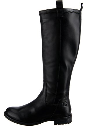 Botte en cuir noir, jusqu'aux genoux, avec une finition lisse, un bout arrondi, des coutures discrètes et une languette à l'arrière. Semelle texturée pour une meilleure adhérence.