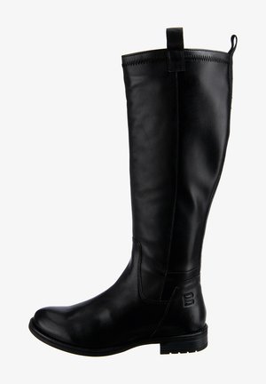 Bota de cuero negro hasta la rodilla con un acabado suave, punta redondeada, costuras sutiles y una lengüeta en la parte posterior. Suela texturizada para mayor agarre.