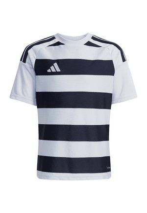 Wit en zwart gestreept sportshirt met korte mouwen, ronde hals en Adidas-logo op de linkerborst.