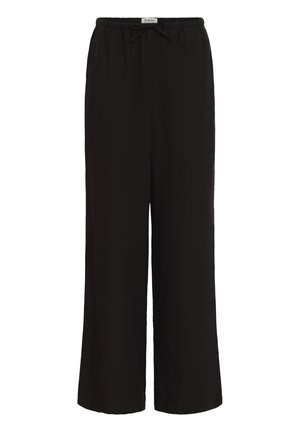Sorte bukser med vidde i benene, elastisk talje og snøre, løs pasform, ensfarvet design, velegnet til afslappet brug.