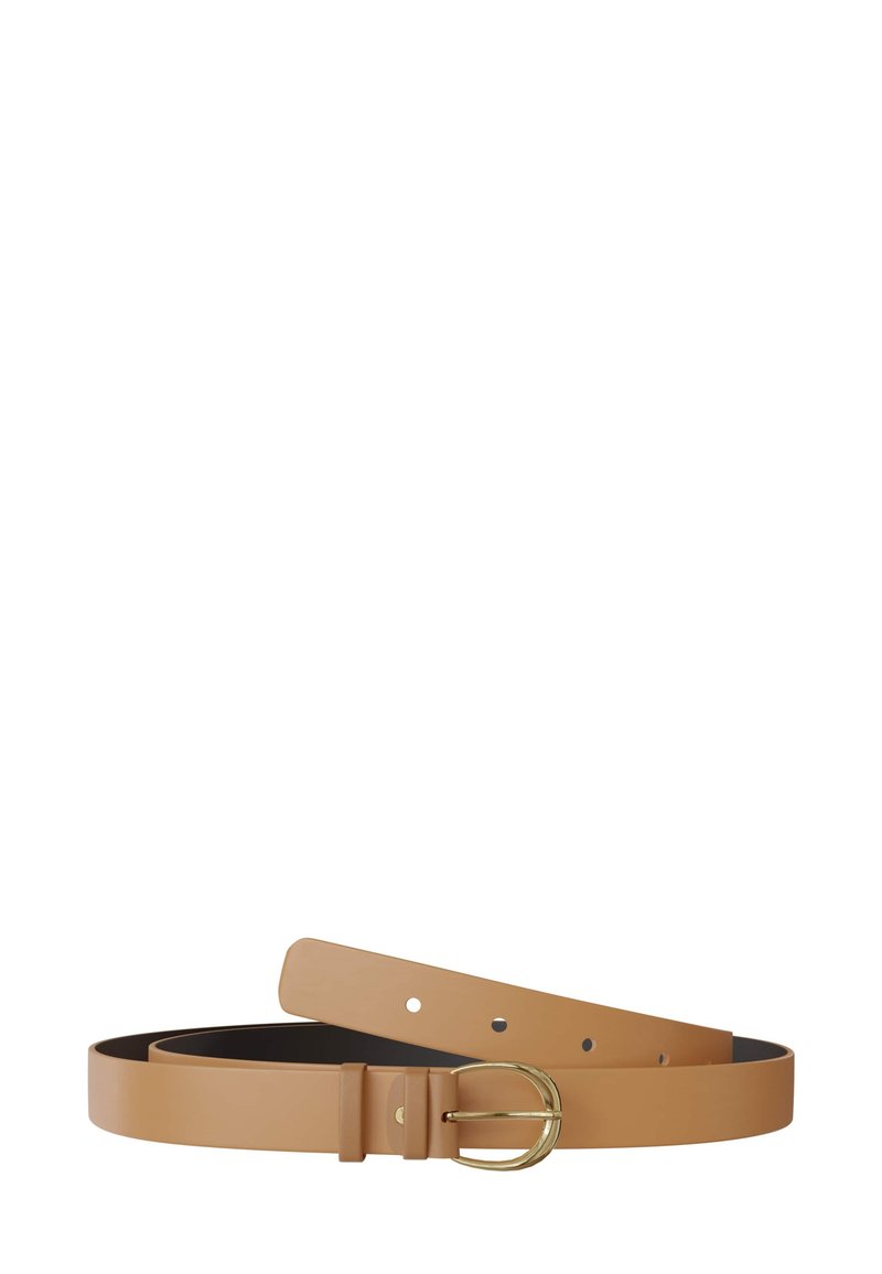 Beige Kunstledergürtel mit glatter Oberfläche, einer runden goldfarbenen Schnalle und mehreren Löchern zur Anpassung. Schlichtes, elegantes Design.