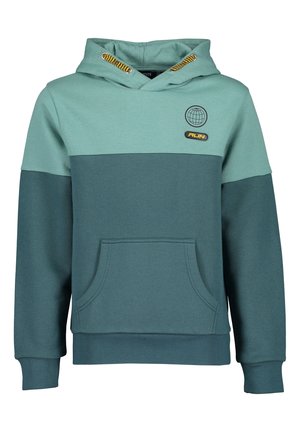 Felpa con cappuccio verde a due tonalità con coulisse gialle e nere, tasca frontale e piccoli loghi di un globo e la parola "RUN" sul petto.