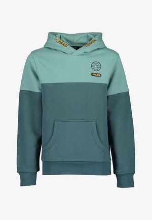 Sweat à capuche bicolore vert avec cordons jaune et noir, poche avant, et petits logos globe et "RUN" sur la poitrine.