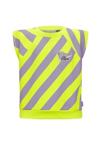 Neon gele en lavendel gestreepte sweatshirt met schouderaccenten, geribbelde halslijn en een zilveren "90's Vibe" logo op de voorkant.