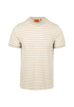 Beige gestreept T-shirt met korte mouwen en een ronde halslinie. Gemaakt van zachte stof, met smalle witte strepen en een eenvoudige zoom.