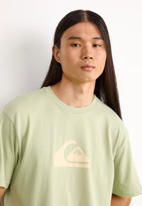 Light green cotton t-shirt with short sleeves, featuring a large, cream-colored logo of a mountain and wave design on the front.