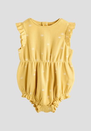 Gelber gerippter Jumpsuit mit Rüschensäumen, elastischem Bund und Druckknopfverschluss am Boden. Enthält kleine weiße Regenbogenmuster überall.