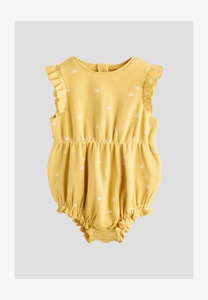 Gul ribbad jumpsuit med volangärmar, elastisk midja och tryckknappsstängning i botten. Har små vita regnbågs-mönster över hela.