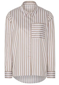 Camicia a righe in marrone chiaro e bianco, con taschino sul petto e polsini a righe contrastanti. Tessuto liscio e leggero.