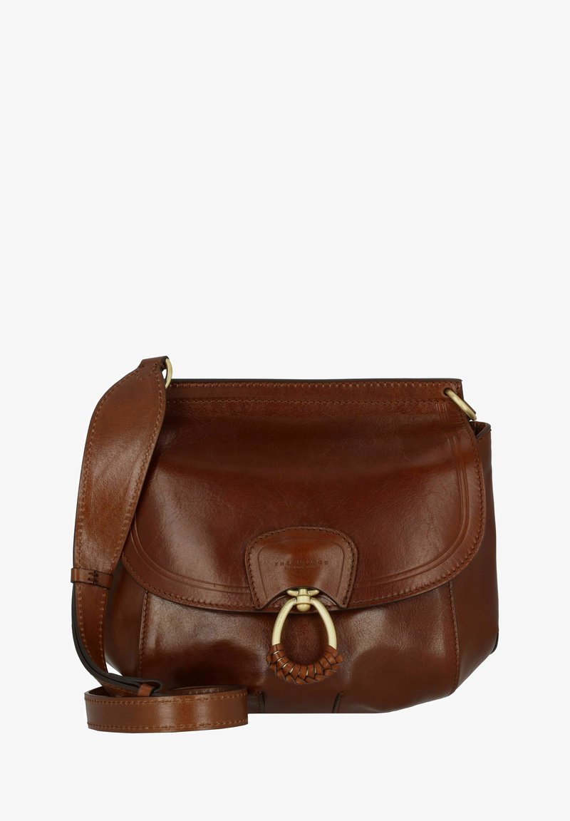 Borsa a tracolla in pelle marrone con una finitura testurizzata, dotata di un accento in metallo circolare intrecciato e una tracolla regolabile.