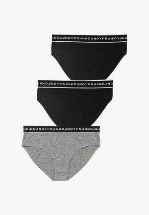 Tre paia di biancheria intima: due neri e uno grigio. Ognuno ha una cintura morbida con la scritta "FRANK DANDY" in bianco. Tessuto di cotone, stile classico.