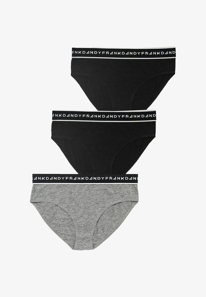 Tre paia di biancheria intima: due neri e uno grigio. Ognuno ha una cintura morbida con la scritta "FRANK DANDY" in bianco. Tessuto di cotone, stile classico.