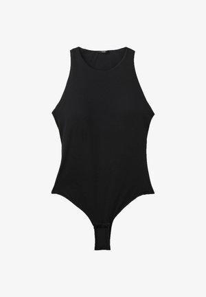 Bodysuit sans manches noir avec un col rond, fabriqué en tissu lisse, présentant une jambe haute et une fermeture à crochets à l'arrière.