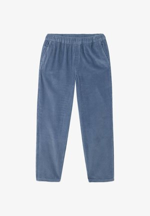 Sinised vilditud elastse vöökohaga püksid küljetaskutega, otsejalalõike ja pehme tekstuuriga kangast.