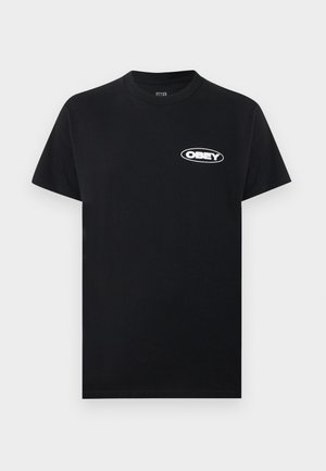 Black short-sleeve crew neck T-shirt with small white "OBEY" logo on the left chest, displayed against a plain light background.