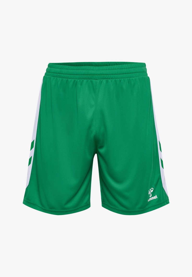 Pantaloncini sportivi verdi con pannelli laterali bianchi, vita elastica e logo nell'angolo in basso a destra. Tessuto sintetico liscio, taglio fino al ginocchio.