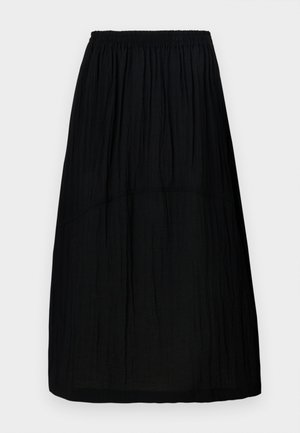 Černá sukně ke kolenům s elastickým páskem, vyrobená z lehké texturované látky s jemnými svislými sklady. Jednoduchý design.