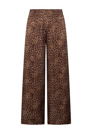 Braune Hose mit weitem Bein, dunkelbraunem Leopardenmuster und elastischem Bund.