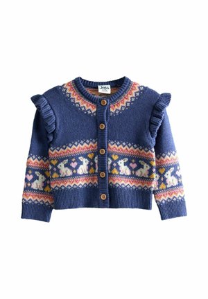 Marineblauer gestrickter Cardigan mit Rundhalsausschnitt, dekorativen Rüschen, Holzknöpfen und einem bunten Muster aus Kaninchen und Herzen.