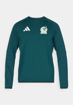 Petrolfarbener Langarm-Sweatshirt mit schwarzen Akzenten, versehen mit dem Logo der mexikanischen Nationalmannschaft und drei weißen Streifen auf der linken Schulter.