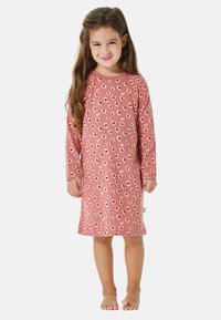 Long-sleeve nightgown in pink fabric with beige leopard print. Soft cotton material, knee-length design, round neckline, and tag at the side.
