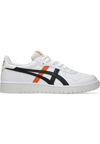 White leather sneakers featuring black and orange accents, round toe, lace-up closure, and a textured rubber sole.