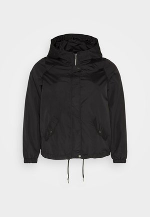 Black windbreaker jacket with a hood, featuring a zip front, snap button closure, side pockets, and adjustable drawstrings at the hem.