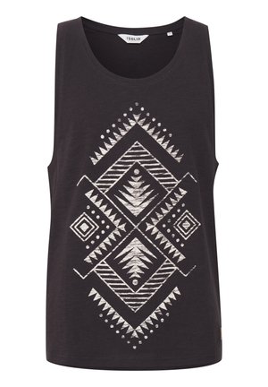Haut noir sans manches avec imprimé tribal géométrique blanc avec des losanges, des triangles, des points et des lignes disposés symétriquement à l'avant.