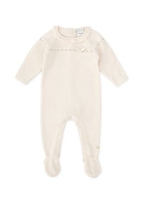 Monosie de punto color crema con mangas largas, cuello con volantes, detalles de botones y diseño con pies. Patrón texturizado en toda la prenda.