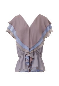 Lichte, gelaagde blouse met een V-hals, voorzien van watervallende ruches in taupe en zachtblauw, een geraffineerde taille en een doorschijnende stof.
