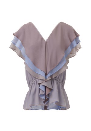 Lichte, gelaagde blouse met een V-hals, voorzien van watervallende ruches in taupe en zachtblauw, een geraffineerde taille en een doorschijnende stof.