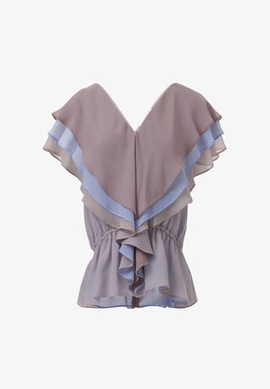 Lichte, gelaagde blouse met een V-hals, voorzien van watervallende ruches in taupe en zachtblauw, een geraffineerde taille en een doorschijnende stof.