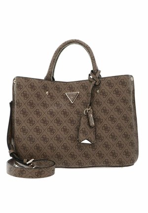 Borsa tote monogram marrone con manici doppi, tracolla staccabile, hardware argentato e un accentuato logo triangolare sulla parte anteriore.