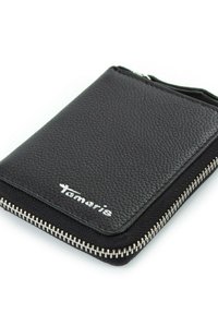 Cartera de cuero negro texturizado con cremallera alrededor, cierre plateado y logo blanco de Tamaris en el frente.