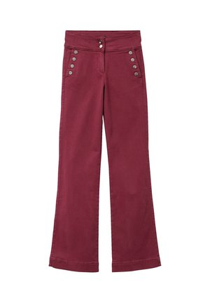 Bordeaux kleurige flared broek van katoen, met een hoge tailleband, een sluiting met een knoop aan de voorkant en decoratieve metalen knopen aan de zijkanten.