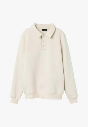 Langärmliger cremefarbener Pullover mit Kragen, drei Knöpfen am Hals und gerippten Bündchen sowie Saum.