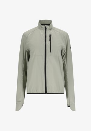 Leichte, blassgrüne Jacke mit hohem Kragen, durchgehendem Reißverschluss und schwarzen Reißverschlussakzenten. Sie hat lange Ärmel und elastische Bündchen.