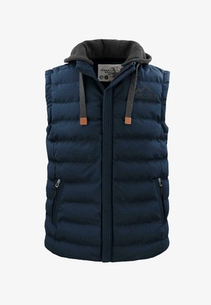 Dunkelblauer gepolsterter Weste mit grauer Kapuze, Frontreißverschluss, zwei Seitentaschen und braunen Hardware-Akzenten; verfügt über eine horizontale Stepptextur.