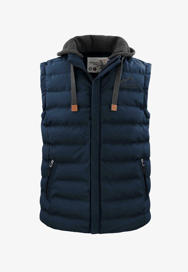 Dunkelblauer gepolsterter Weste mit grauer Kapuze, Frontreißverschluss, zwei Seitentaschen und braunen Hardware-Akzenten; verfügt über eine horizontale Stepptextur.