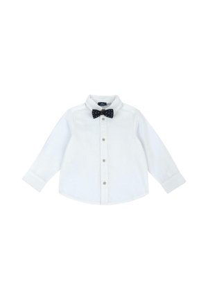 Chemise blanche à manches longues avec boutons, col et petit nœud papillon noir au motif subtil.