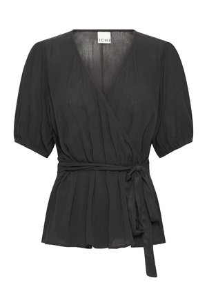 Mustmust ümarateedega must blouse, mis on valmistatud kerge tekstuuriga kangast, sisaldab kordumatu lipsukesega vööd ja plekitud disaini.