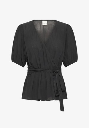 Mustmust ümarateedega must blouse, mis on valmistatud kerge tekstuuriga kangast, sisaldab kordumatu lipsukesega vööd ja plekitud disaini.